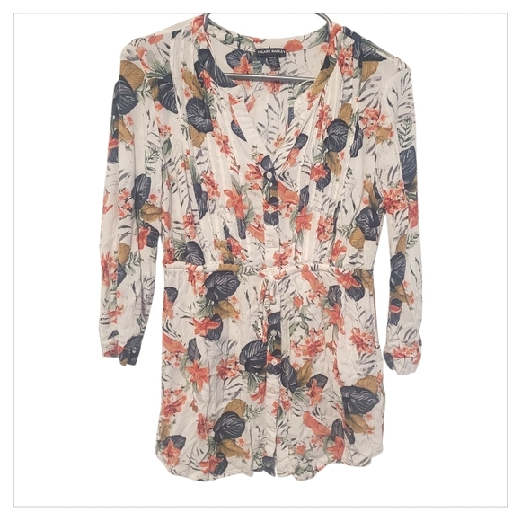 Hilary Radley Floral Peplum Blouse M Boho Button Front V-Neck Cinched Waist Top - Picture 2 of 6